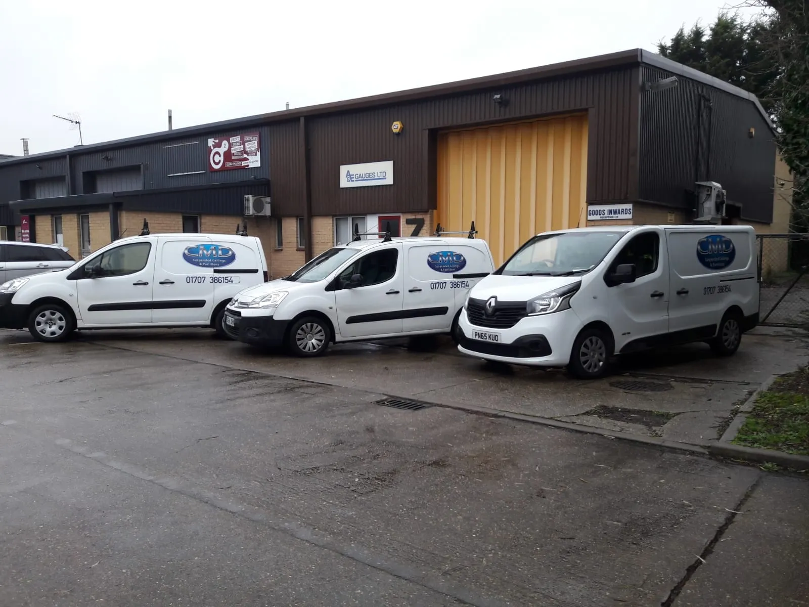 CMD Ceilings Ltd vans outside the company premises in Hertfordshire